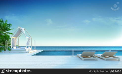 beach lounge , sun longers on Sunbathing deck and private swimming pool with panoramic sea view at luxury villa/3d rendering