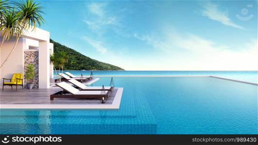 Beach lounge ,sun loungers on Sunbathing deck and private swimming pool with panoramic sea view at luxury villa/3d rendering