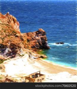 Beach near abandoned sulphur mines at Milos island, Cyclades, Greece - Painting effect