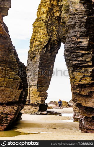 Beach of the Cathedrals, Playa las Catedrales in Ribadeo, province of Lugo, Galicia. Cliff formations on Cantabric coast in northern Spain. Tourist attraction.. Beach of the Cathedrals, Galicia Spain. Place to visit.