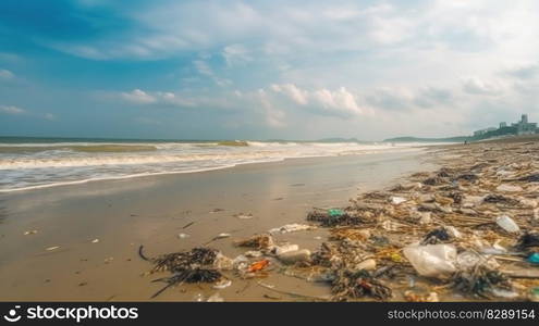 Beach Overwhelmed by Garbage and Plastic Waste. Generative AI