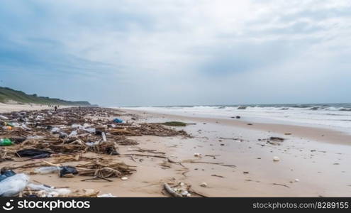 Beach Overwhelmed by Garbage and Plastic Waste. Generative AI