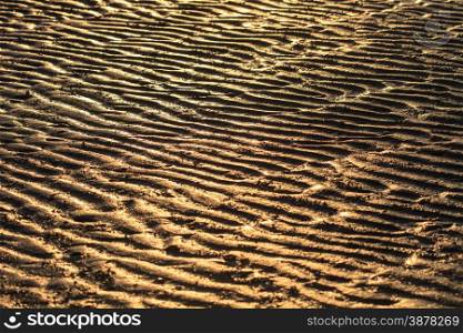 Beach sand waves warm texture pattern background with sunrise shadow
