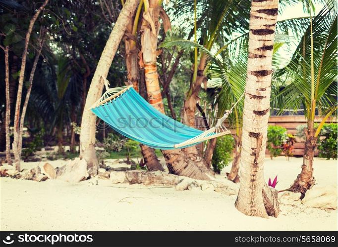 beach, summer and leisure concept - blue hammock on tropical beach