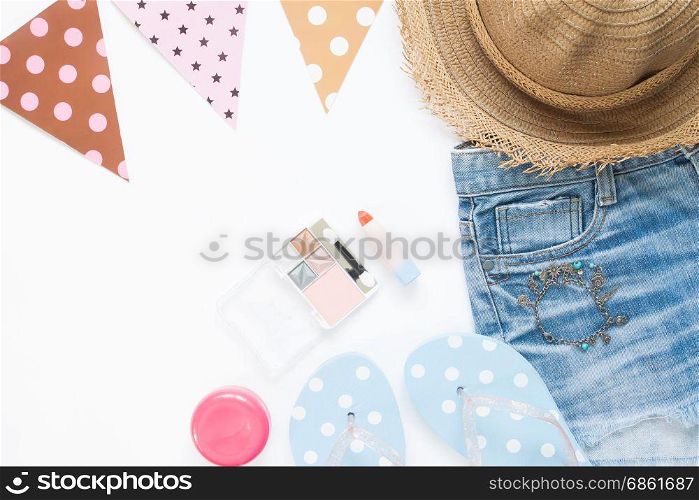 Beach summer party items for girl on white background