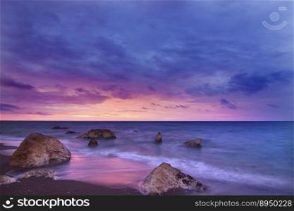 beach sunset rocks shore seashore