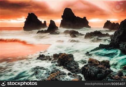 beach sunset sea ocean rocks