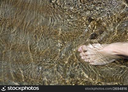beach tourist feet walking on shore shallow water summer vacation metaphor