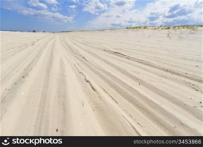 Beach view with car tire tracks in the sand, New Jersey shore
