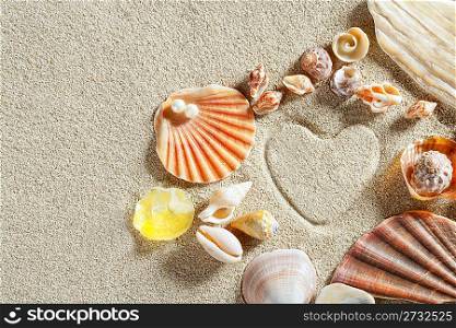 beach white sand with heart shape printed and shells such a summer vacation concept still life