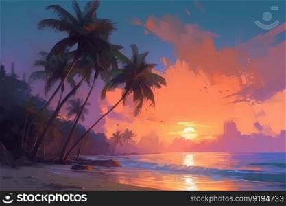 Beach with palm trees. Landscape sunset. Generate Ai. Beach with palm trees. Generate Ai