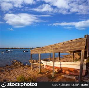 Beached boat in Estany des Peix at Formentera Balearic Islands of Spain