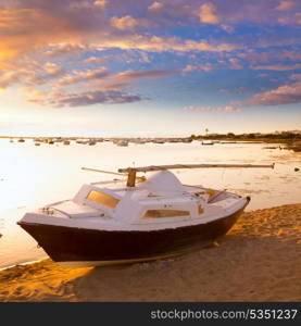 Beached sailboat sunset Estany des Peix in Formentera Balearic Islands of Spain