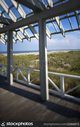 Beachfront deck with trelliswork on Bald Head Island, North Carolina..