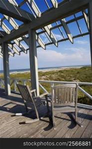 Beachfront deck with trelliswork on Bald Head Island, North Carolina.