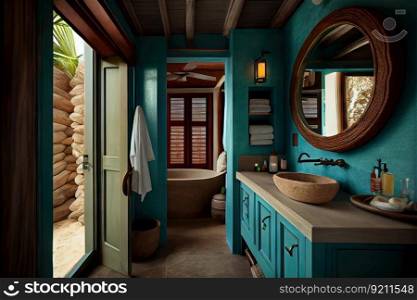 beachfront villa bathroom, with natural textures and vibrant colors, creating an inspiring atmosphere, created with generative ai. beachfront villa bathroom, with natural textures and vibrant colors, creating an inspiring atmosphere