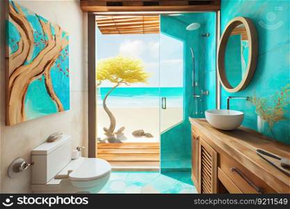 beachfront villa bathroom, with natural textures and vibrant colors, creating an inspiring atmosphere, created with generative ai. beachfront villa bathroom, with natural textures and vibrant colors, creating an inspiring atmosphere