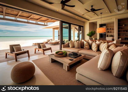 beachfront villa bedroom, with luxurious king-sized bed, and private balcony overlooking the ocean, created with generative ai. beachfront villa bedroom, with luxurious king-sized bed, and private balcony overlooking the ocean