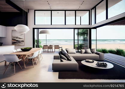 beachfront villa interior featuring modern and minimalist design, sleek furniture, and natural elements, created with generative ai. beachfront villa interior featuring modern and minimalist design, sleek furniture, and natural elements