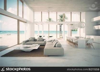 beachfront villa interior with minimalist and modern design, featuring sleek furniture and contemporary decor, created with generative ai. beachfront villa interior with minimalist and modern design, featuring sleek furniture and contemporary decor