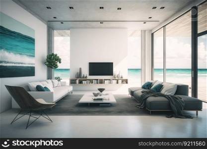 beachfront villa interior with minimalist and modern design, featuring sleek furniture and contemporary decor, created with generative ai. beachfront villa interior with minimalist and modern design, featuring sleek furniture and contemporary decor