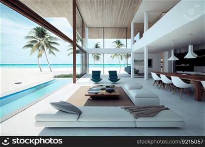 beachfront villa interior with minimalist design and sleek furnishings, featuring outdoor terrace and pool, created with generative ai. beachfront villa interior with minimalist design and sleek furnishings, featuring outdoor terrace and pool