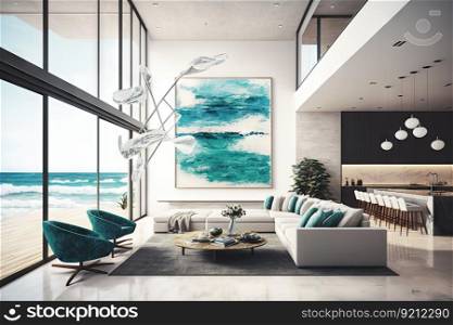 beachfront villa interior with modern design and sleek furniture, featuring dramatic wall art and natural light, created with generative ai. beachfront villa interior with modern design and sleek furniture, featuring dramatic wall art and natural light