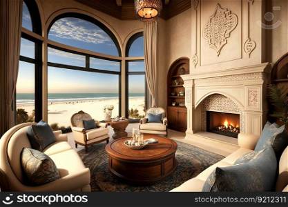 beachfront villa with grand fireplace and cozy seating area for winter getaway, created with generative ai. beachfront villa with grand fireplace and cozy seating area for winter getaway