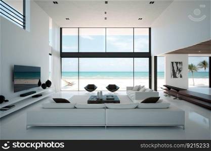 beachfront villa with minimalist, modern design and sleek furnishings, created with generative ai. beachfront villa with minimalist, modern design and sleek furnishings