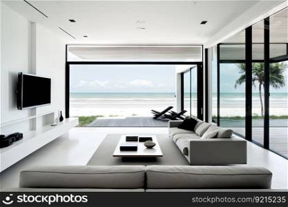 beachfront villa with minimalist, modern design and sleek furnishings, created with generative ai. beachfront villa with minimalist, modern design and sleek furnishings