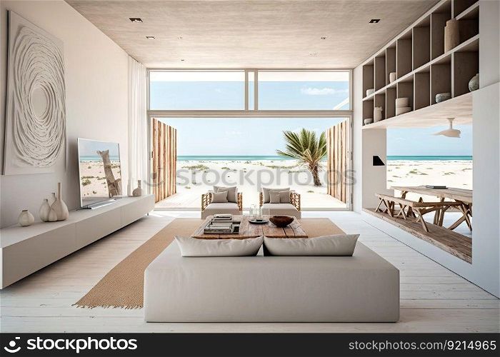 beachfront villa with modern and minimalist decor, featuring sleek furnishings, natural materials   neutral colors, created with generative ai. beachfront villa with modern and minimalist decor, featuring sleek furnishings, natural materials   neutral colors