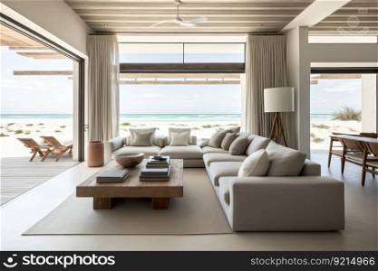 beachfront villa with modern and minimalist decor, featuring sleek furnishings, natural materials & neutral colors, created with generative ai. beachfront villa with modern and minimalist decor, featuring sleek furnishings, natural materials & neutral colors