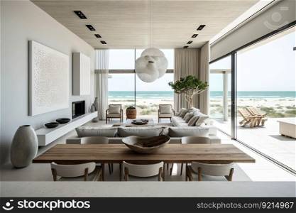 beachfront villa with modern and minimalist decor, featuring sleek furnishings, natural materials   neutral colors, created with generative ai. beachfront villa with modern and minimalist decor, featuring sleek furnishings, natural materials   neutral colors