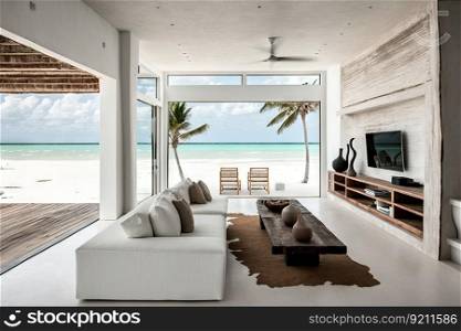 beachfront villa with modern and minimalist interior, featuring white walls, raw wood accents and sleek furniture, created with generative ai. beachfront villa with modern and minimalist interior, featuring white walls, raw wood accents and sleek furniture