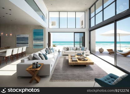 beachfront villa with modern design and sleek furnishings, featuring floor-to-ceiling windows, created with generative ai. beachfront villa with modern design and sleek furnishings, featuring floor-to-ceiling windows