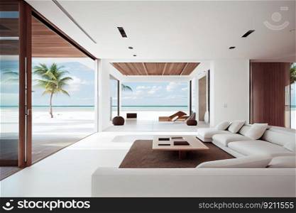 beachfront villa with modern, minimalist interior and clean lines, created with generative ai. beachfront villa with modern, minimalist interior and clean lines