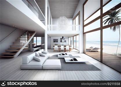 beachfront villa with modern, minimalist interior and clean lines, created with generative ai. beachfront villa with modern, minimalist interior and clean lines