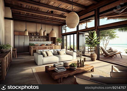 beachfront villa, with open and spacious interior, featuring natural materials and sleek details, created with generative ai. beachfront villa, with open and spacious interior, featuring natural materials and sleek details