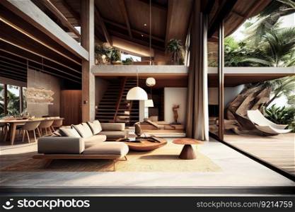 beachfront villa, with open and spacious interior, featuring natural materials and sleek details, created with generative ai. beachfront villa, with open and spacious interior, featuring natural materials and sleek details