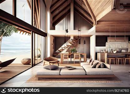 beachfront villa, with open and spacious interior, featuring natural materials and sleek details, created with generative ai. beachfront villa, with open and spacious interior, featuring natural materials and sleek details