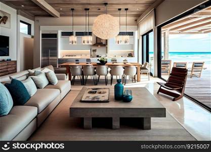 beachfront villa, with open floor plan and modern decor, featuring sleek furniture and natural textures, created with generative ai. beachfront villa, with open floor plan and modern decor, featuring sleek furniture and natural textures
