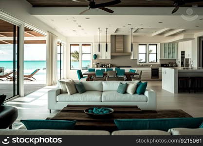 beachfront villa with open floor plan, featuring contemporary furnishings and sleek decor, created with generative ai. beachfront villa with open floor plan, featuring contemporary furnishings and sleek decor