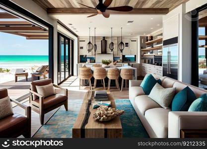 beachfront villa with open floor plan, featuring luxe furnishings and modern decor, created with generative ai. beachfront villa with open floor plan, featuring luxe furnishings and modern decor