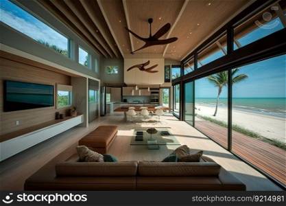 beachfront villa with open floor plan, maximizing views and natural light, created with generative ai. beachfront villa with open floor plan, maximizing views and natural light