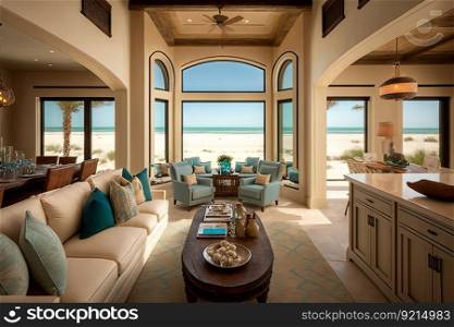 beachfront villa with open floor plan, maximizing views and natural light, created with generative ai. beachfront villa with open floor plan, maximizing views and natural light