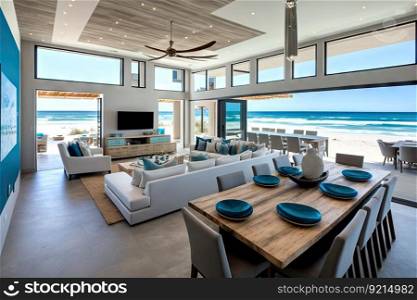 beachfront villa with open floor plan, maximizing views and natural light, created with≥≠rative ai. beachfront villa with open floor plan, maximizing views and natural light