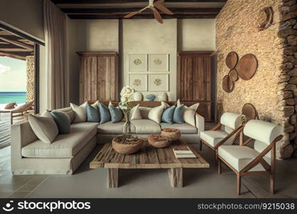 beachfront villa with rustic and contemporary decor elements, featuring leather sofas and stone accents, created with generative ai. beachfront villa with rustic and contemporary decor elements, featuring leather sofas and stone accents