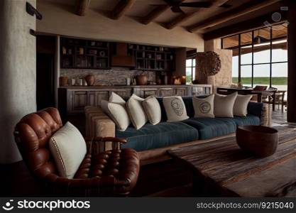 beachfront villa with rustic and contemporary decor elements, featuring leather sofas and stone accents, created with generative ai. beachfront villa with rustic and contemporary decor elements, featuring leather sofas and stone accents