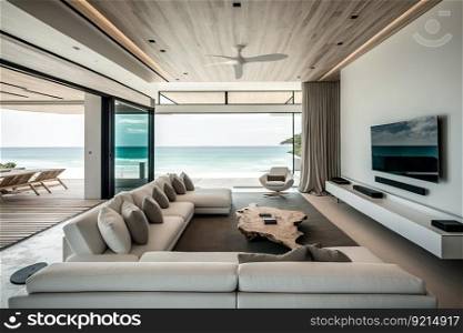 beachfront villa with sleek and modern interior design, featuring minimalist furniture and natural accents, created with generative ai. beachfront villa with sleek and modern interior design, featuring minimalist furniture and natural accents
