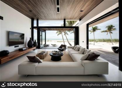 beachfront villa with sleek and modern interior design, featuring minimalist furniture and natural accents, created with generative ai. beachfront villa with sleek and modern interior design, featuring minimalist furniture and natural accents